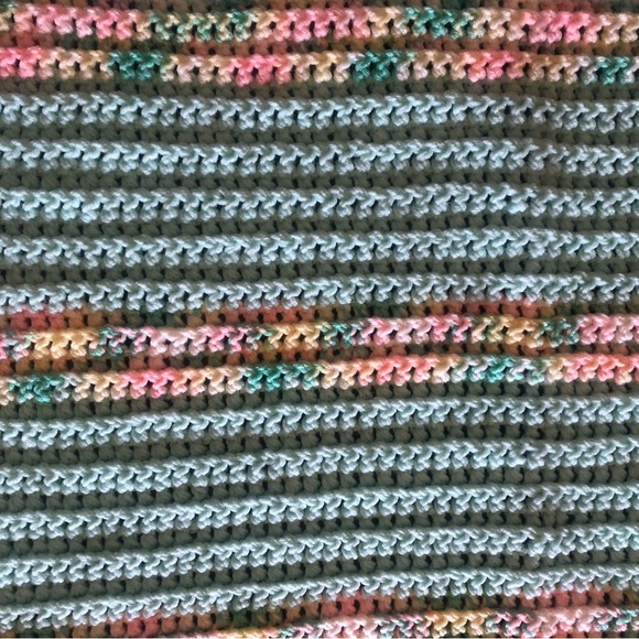 Handmade Baby Blanket Green with Yellow & Pink Accents 96” X 100” approximately - Picture 3 of 6